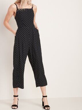 Old Navy Black & White Polka Dot Cropped Wide Leg Jumpsuit
